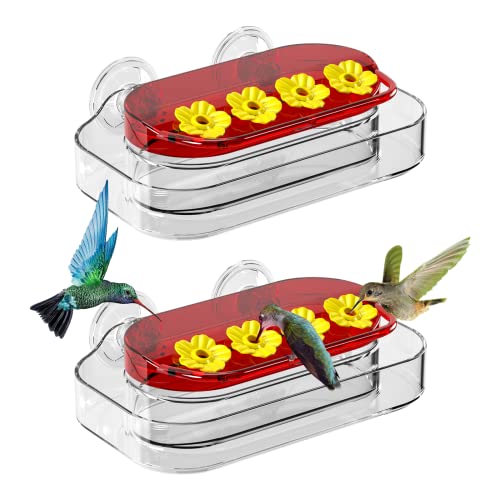2 Pack Window Hummingbird Feeder, Strong Suction Cup Hummingbird Feeder with 4 Feeding Ports, Easy to Clean and Refill Plastic Humming Bird Feeder, 10oz