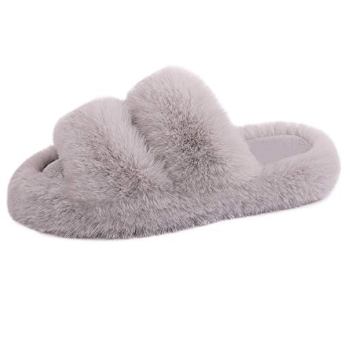 Women's Fluffy Faux Fur Slippers Comfy Open Toe Two Band Slides with Fleece Lining and Rubber Sole