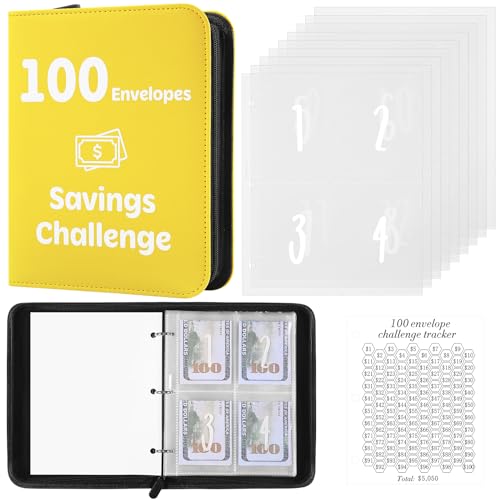 100 Envelopes Money Saving Challenge Binder with Laminated Tracker, PU Money Saving Challenge Budget Binder with Cash Envelopes, Savings Challenge Book with Zipper