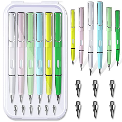 6 Pcs Inkless Pencils Eternal with Pencil Case, Everlasting Pencil with 6 pcs Replacement Nibs, Infinite Pencil, Unlimited Writing Pencil, Reusable Erasable Pencil for Student Artist Writing Drawing