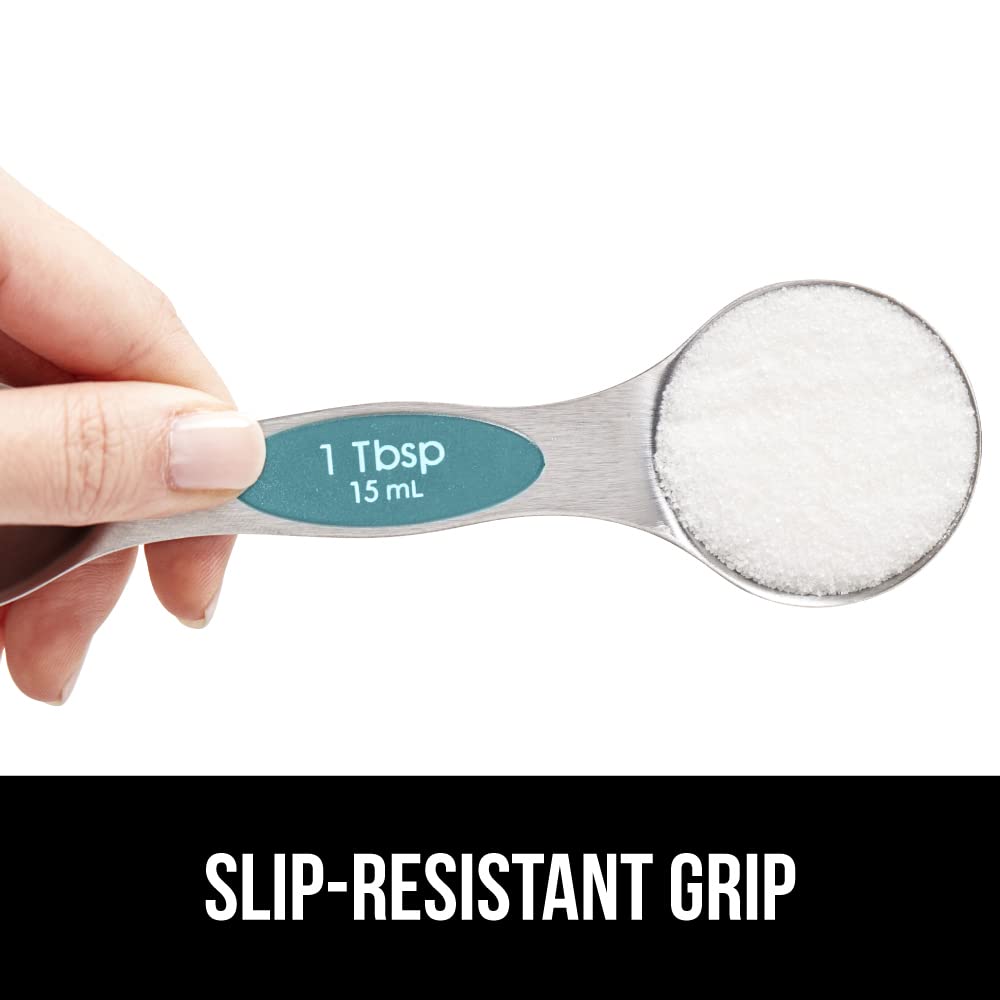 8 Piece BPA Free Magnetic Nesting Stainless Steel Measuring Spoon Set with Leveler, Dual Sided for Liquid and Dry Ingredients, Cream and Sugar Kitchen Spoons, Baking, Cooking, Black