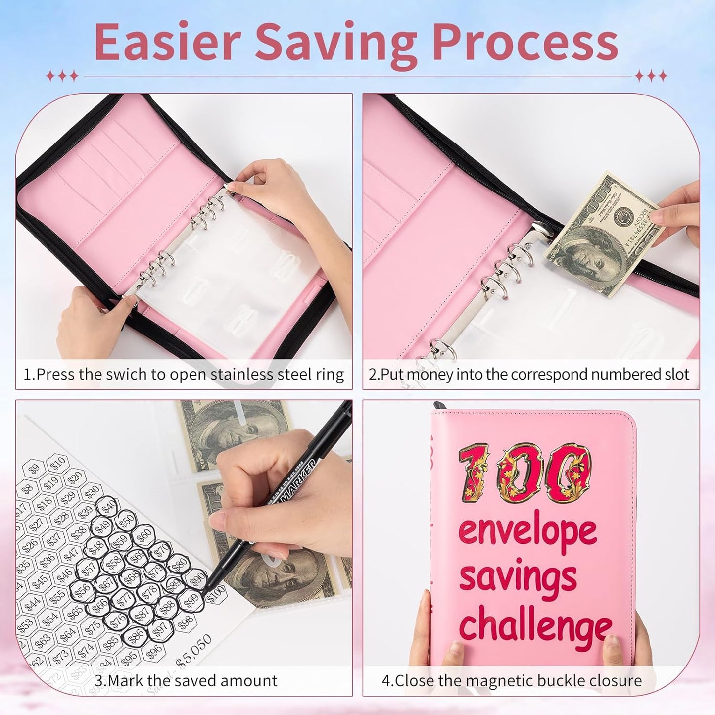 100 Envelopes Challenge Binder,A5 Money Saving Budget Binder-Easy & Fun Way to Save ,Savings Challenges Book with Cash Envelopes for Home,Office,School