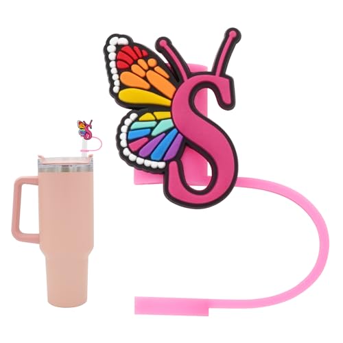 Silicone Straw Cover for Stanley Cup, Initial Letter Straw Cover, Beautiful Butterfly Style, Compatible with Stanley 40&30 Oz Tumbler (O)