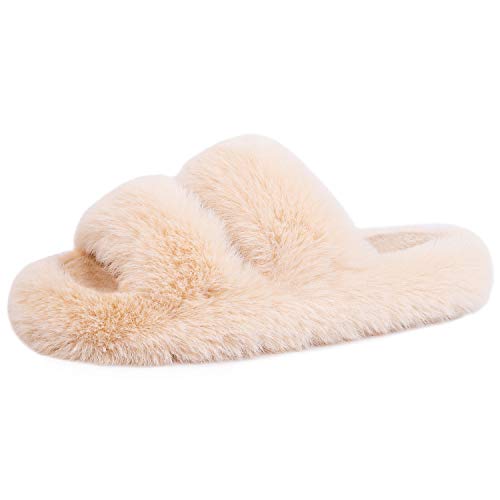 Women's Fluffy Faux Fur Slippers Comfy Open Toe Two Band Slides with Fleece Lining and Rubber Sole