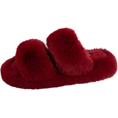Women's Fluffy Faux Fur Slippers Comfy Open Toe Two Band Slides with Fleece Lining and Rubber Sole