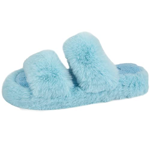 Women's Fluffy Faux Fur Slippers Comfy Open Toe Two Band Slides with Fleece Lining and Rubber Sole