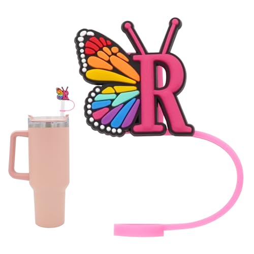 Silicone Straw Cover for Stanley Cup, Initial Letter Straw Cover, Beautiful Butterfly Style, Compatible with Stanley 40&30 Oz Tumbler (O)