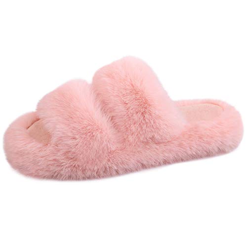 Women's Fluffy Faux Fur Slippers Comfy Open Toe Two Band Slides with Fleece Lining and Rubber Sole