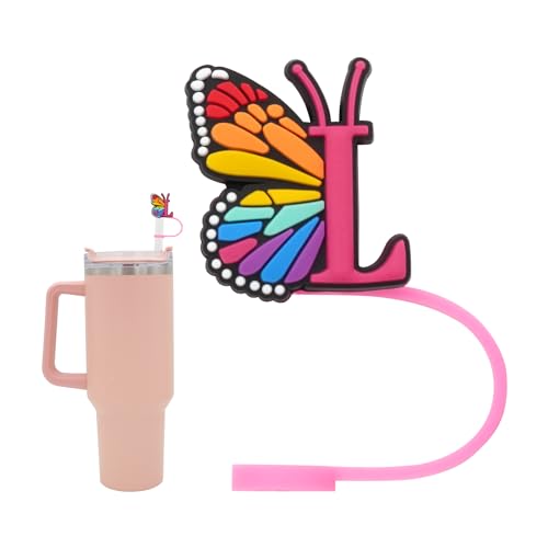 Silicone Straw Cover for Stanley Cup, Initial Letter Straw Cover, Beautiful Butterfly Style, Compatible with Stanley 40&30 Oz Tumbler (O)