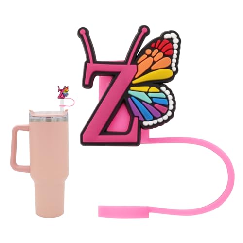 Silicone Straw Cover for Stanley Cup, Initial Letter Straw Cover, Beautiful Butterfly Style, Compatible with Stanley 40&30 Oz Tumbler (O)