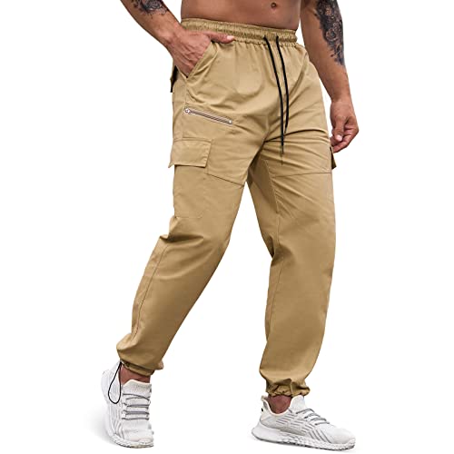 Men's Workout Cargo Pants Elastic Waist Joggers Hiking Outdoor Athletic Sweatpants Casual Long Trousers with Pockets