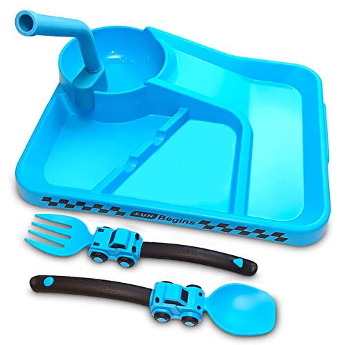 Toddler Plates - Toddler eating Utensil set with Spoon Fork and Removable Straw - Construction theme Toddler Utensils - Baby Plates Feeding set - Construction Plates and Cutlery
