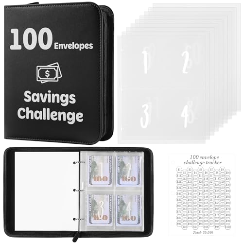 100 Envelopes Money Saving Challenge Binder with Laminated Tracker, PU Money Saving Challenge Budget Binder with Cash Envelopes, Savings Challenge Book with Zipper