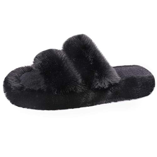 Women's Fluffy Faux Fur Slippers Comfy Open Toe Two Band Slides with Fleece Lining and Rubber Sole
