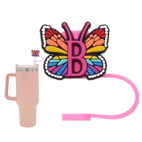 Silicone Straw Cover for Stanley Cup, Initial Letter Straw Cover, Beautiful Butterfly Style, Compatible with Stanley 40&30 Oz Tumbler (O)
