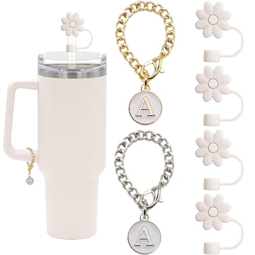 (4+2) 4PCS Flower Straw Covers Toppers for Stanley Cups 30&40 Oz Tumbler Silicone Straw Caps Tips with 2PCS Initial Letter Charms Personalized Stanley Tumblers Accessories(Off White+Letter A)