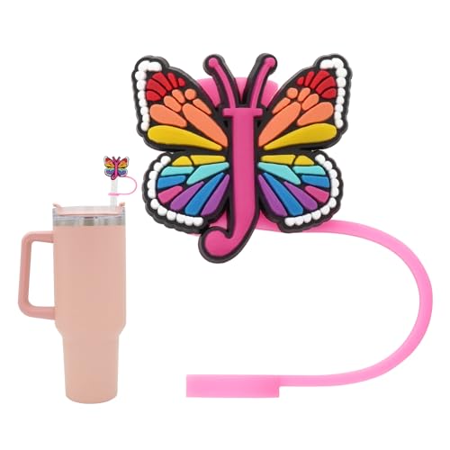 Silicone Straw Cover for Stanley Cup, Initial Letter Straw Cover, Beautiful Butterfly Style, Compatible with Stanley 40&30 Oz Tumbler (O)