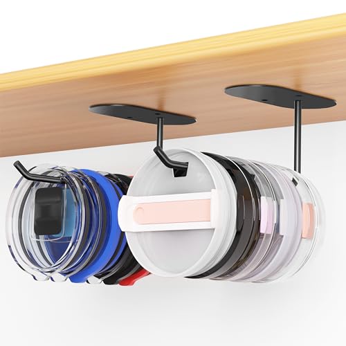 2 Pack Tumbler Lid Organizer, Space Saving Cup Lid Organizer for Yeti Tumbler/Stanley Tumbler/Simple Modern Tumbler Lids, Self-Adhesive or Drilling Tumbler Lid Hook for Kitchen Organizers and Storage
