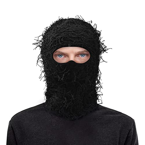 Distressed Knitted Balaclava Full Face Ski Windproof Neck Warmer for Men Women, One Size Fits All Black