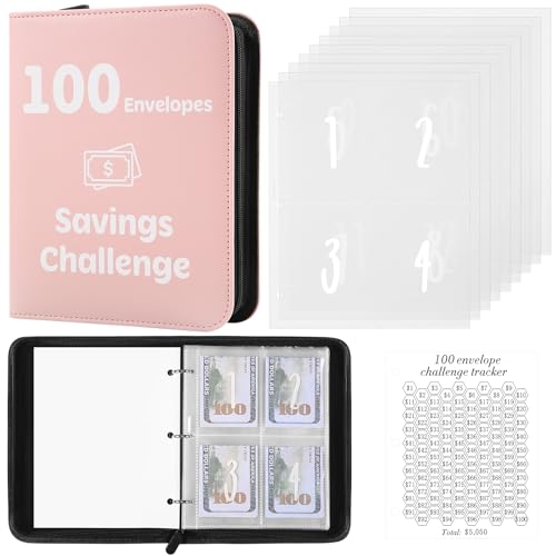 100 Envelopes Money Saving Challenge Binder with Laminated Tracker, PU Money Saving Challenge Budget Binder with Cash Envelopes, Savings Challenge Book with Zipper