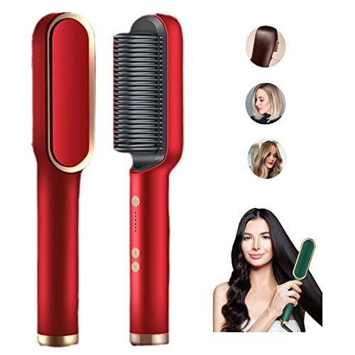 2023 New Negative Ion Hair Straightener Styling Comb with 5 Temp, 2 in 1 Hair Straightener Brush and Curler, Portable Electric Straightening Comb Heated Hair Brush 10s Fast Heating Anti-Scald (Black)