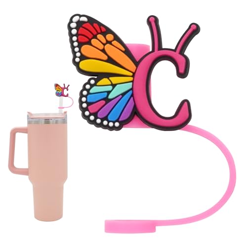 Silicone Straw Cover for Stanley Cup, Initial Letter Straw Cover, Beautiful Butterfly Style, Compatible with Stanley 40&30 Oz Tumbler (O)