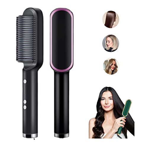2023 New Negative Ion Hair Straightener Styling Comb with 5 Temp, 2 in 1 Hair Straightener Brush and Curler, Portable Electric Straightening Comb Heated Hair Brush 10s Fast Heating Anti-Scald (White)