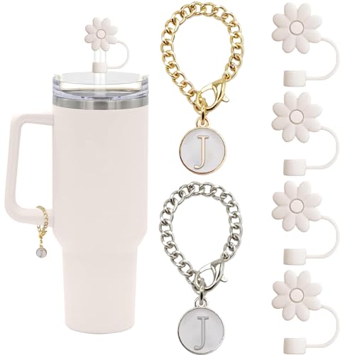 (4+2) 4PCS Flower Straw Covers Toppers for Stanley Cups 30&40 Oz Tumbler Silicone Straw Caps Tips with 2PCS Initial Letter Charms Personalized Stanley Tumblers Accessories(Off White+Letter A)