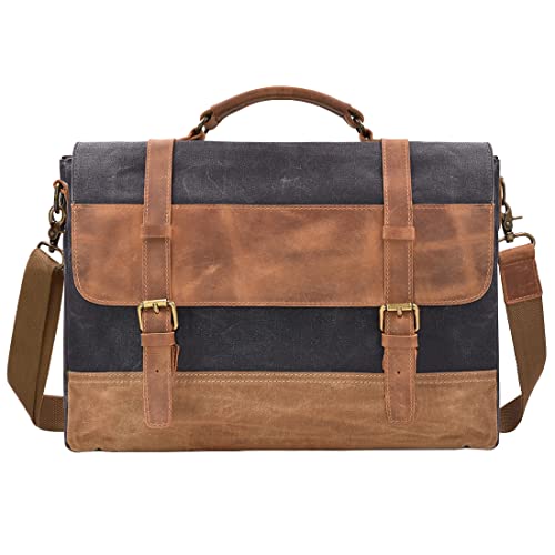Mens Messenger Bag 15.6 Inch Waterproof Vintage Genuine Leather Waxed Canvas Briefcase Large Leather Computer Laptop Bag Rugged Satchel Shoulder Bag