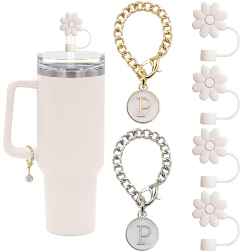 (4+2) 4PCS Flower Straw Covers Toppers for Stanley Cups 30&40 Oz Tumbler Silicone Straw Caps Tips with 2PCS Initial Letter Charms Personalized Stanley Tumblers Accessories(Off White+Letter A)