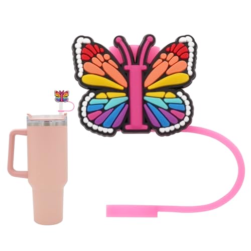 Silicone Straw Cover for Stanley Cup, Initial Letter Straw Cover, Beautiful Butterfly Style, Compatible with Stanley 40&30 Oz Tumbler (O)