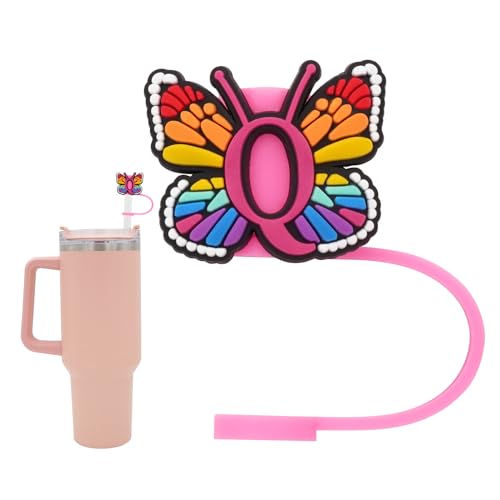 Silicone Straw Cover for Stanley Cup, Initial Letter Straw Cover, Beautiful Butterfly Style, Compatible with Stanley 40&30 Oz Tumbler (O)