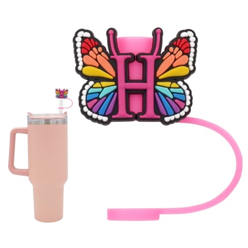 Silicone Straw Cover for Stanley Cup, Initial Letter Straw Cover, Beautiful Butterfly Style, Compatible with Stanley 40&30 Oz Tumbler (O)