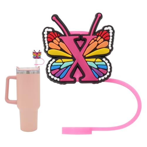 Silicone Straw Cover for Stanley Cup, Initial Letter Straw Cover, Beautiful Butterfly Style, Compatible with Stanley 40&30 Oz Tumbler (O)