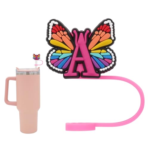 Silicone Straw Cover for Stanley Cup, Initial Letter Straw Cover, Beautiful Butterfly Style, Compatible with Stanley 40&30 Oz Tumbler (O)