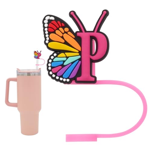 Silicone Straw Cover for Stanley Cup, Initial Letter Straw Cover, Beautiful Butterfly Style, Compatible with Stanley 40&30 Oz Tumbler (O)