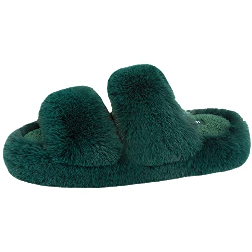 Women's Fluffy Faux Fur Slippers Comfy Open Toe Two Band Slides with Fleece Lining and Rubber Sole