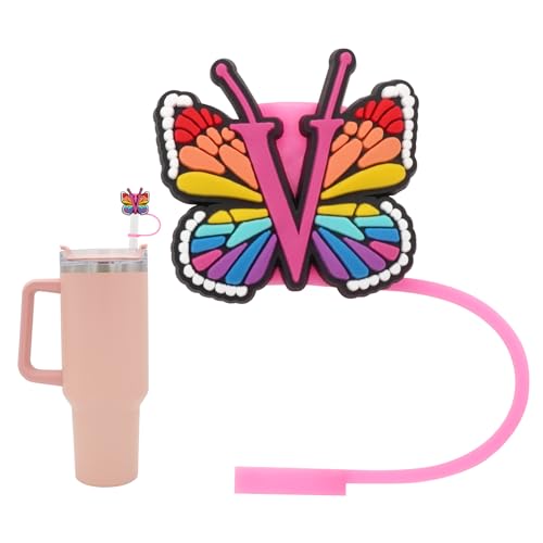 Silicone Straw Cover for Stanley Cup, Initial Letter Straw Cover, Beautiful Butterfly Style, Compatible with Stanley 40&30 Oz Tumbler (O)