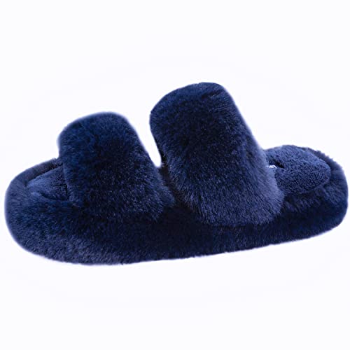 Women's Fluffy Faux Fur Slippers Comfy Open Toe Two Band Slides with Fleece Lining and Rubber Sole