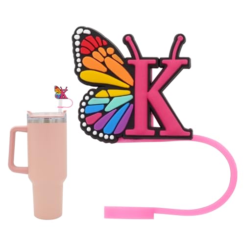 Silicone Straw Cover for Stanley Cup, Initial Letter Straw Cover, Beautiful Butterfly Style, Compatible with Stanley 40&30 Oz Tumbler (O)