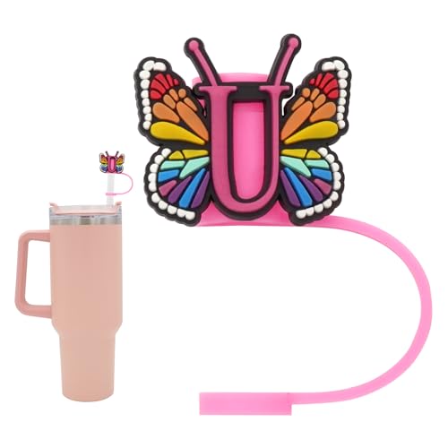 Silicone Straw Cover for Stanley Cup, Initial Letter Straw Cover, Beautiful Butterfly Style, Compatible with Stanley 40&30 Oz Tumbler (O)