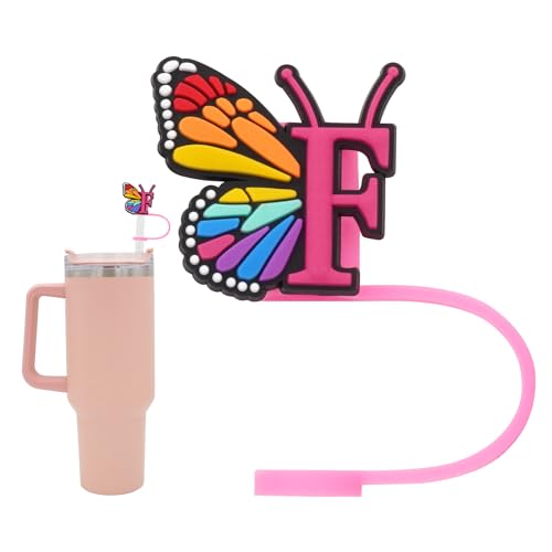 Silicone Straw Cover for Stanley Cup, Initial Letter Straw Cover, Beautiful Butterfly Style, Compatible with Stanley 40&30 Oz Tumbler (O)