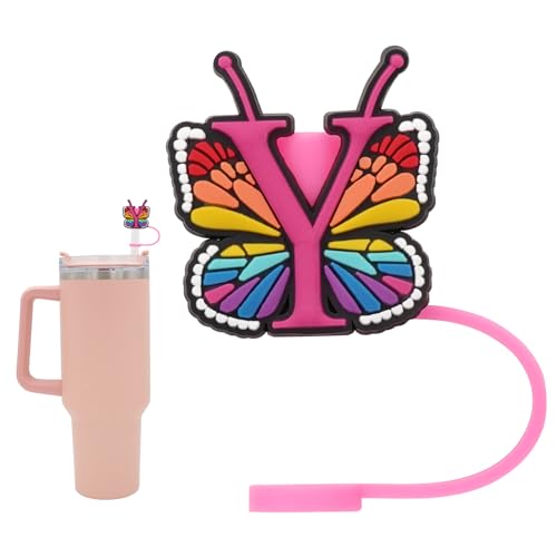 Silicone Straw Cover for Stanley Cup, Initial Letter Straw Cover, Beautiful Butterfly Style, Compatible with Stanley 40&30 Oz Tumbler (O)