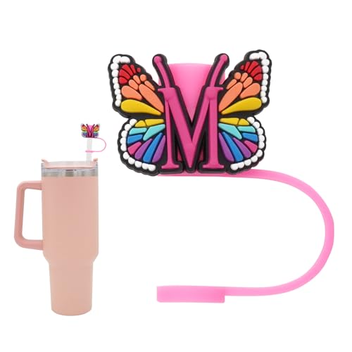 Silicone Straw Cover for Stanley Cup, Initial Letter Straw Cover, Beautiful Butterfly Style, Compatible with Stanley 40&30 Oz Tumbler (O)