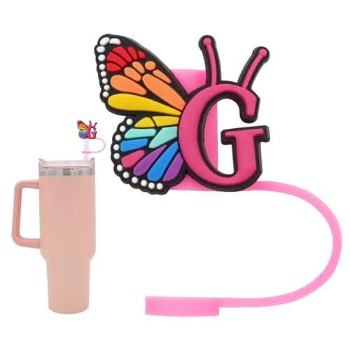 Silicone Straw Cover for Stanley Cup, Initial Letter Straw Cover, Beautiful Butterfly Style, Compatible with Stanley 40&30 Oz Tumbler (O)