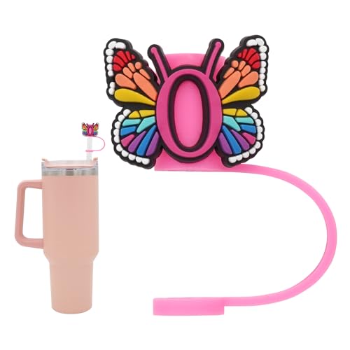 Silicone Straw Cover for Stanley Cup, Initial Letter Straw Cover, Beautiful Butterfly Style, Compatible with Stanley 40&30 Oz Tumbler (O)