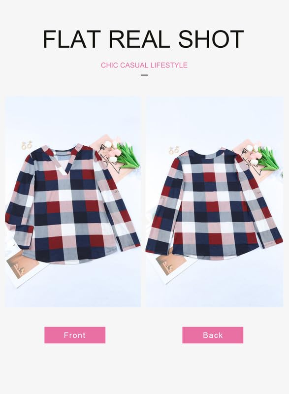 Womens Basic Casual V Neck Plaid Print Cotton Cuffed Long Sleeve Work Tops Blouses Shirts S-5XL