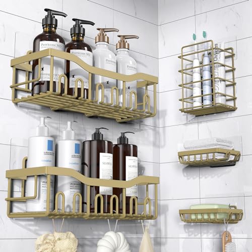 Adhesive Shower Caddy, 5 Pack Rustproof Stainless Steel Bath Organizers With Large Capacity, No Drilling Shelves for Bathroom Storage & Home Decor