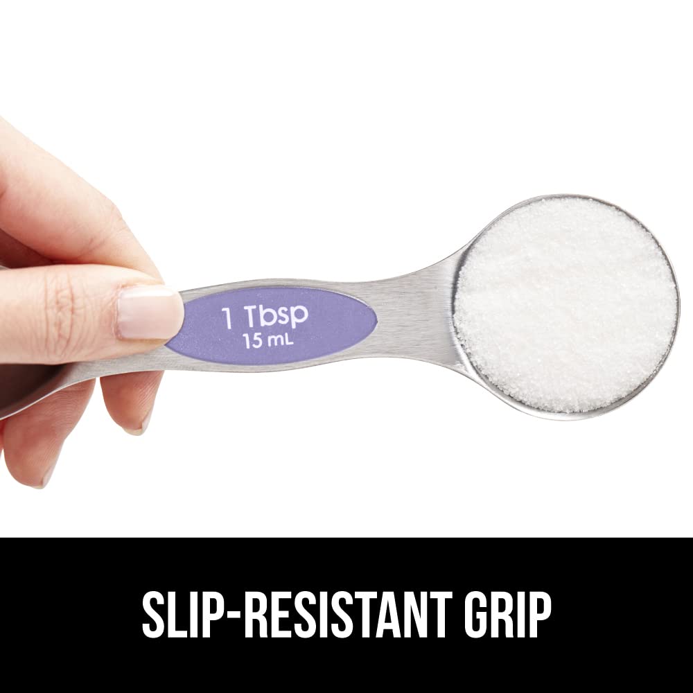 8 Piece BPA Free Magnetic Nesting Stainless Steel Measuring Spoon Set with Leveler, Dual Sided for Liquid and Dry Ingredients, Cream and Sugar Kitchen Spoons, Baking, Cooking, Black