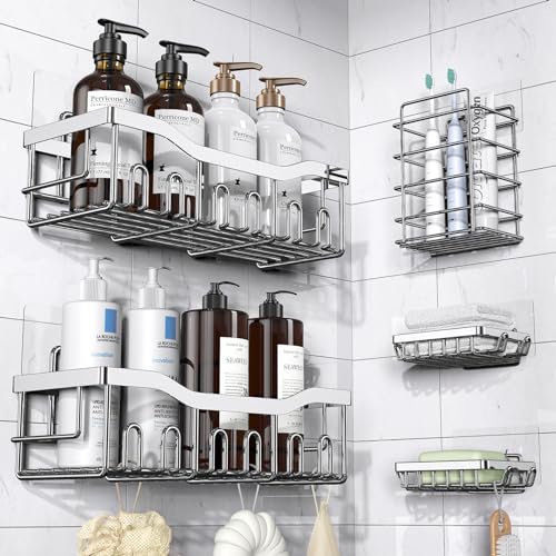 Adhesive Shower Caddy, 5 Pack Rustproof Stainless Steel Bath Organizers With Large Capacity, No Drilling Shelves for Bathroom Storage & Home Decor